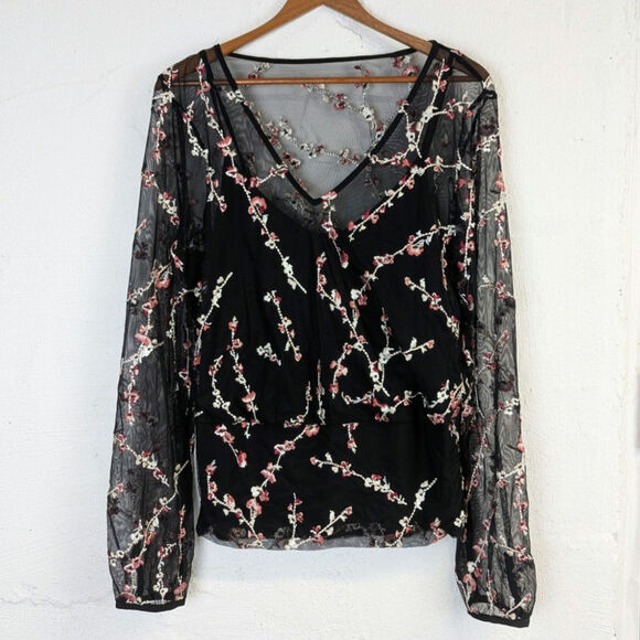 WHBM Embroidered Floral Blouse Large Black Sheer Fairy Grunge Witchy Flowy Dark - Picture 1 of 8